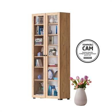 Dekorex KTP211-C-Ceviz 2 Cam Kapaklı Yüksek Kitaplık