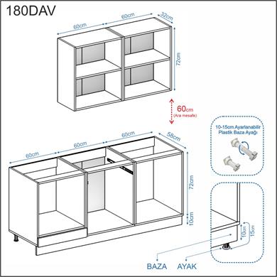 Dekorex Pia Antrasit Serisi 180 Cm Antrasit Fırın Modüllü Meşe Tezgahlı Hazır Mutfak PA-180dav-mt