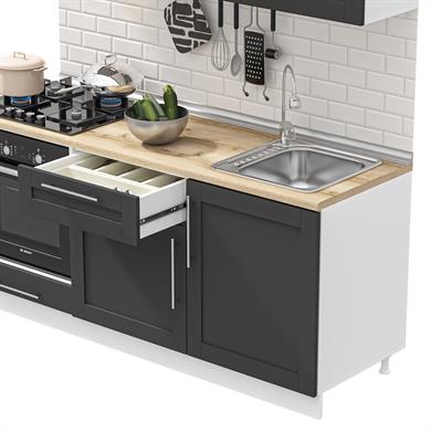 Dekorex Pia Antrasit Serisi 180 Cm Antrasit Aspiratör Ve Fırın Modüllü Meşe Tezgahlı Hazır Mutfak PA-180asp-mt