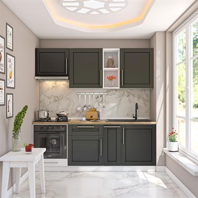 Dekorex Pia Antrasit Serisi 210 Cm Antrasit Aspiratör Ve Fırın Modüllü Meşe Tezgahlı Hazır Mutfak PA-210asp-mt