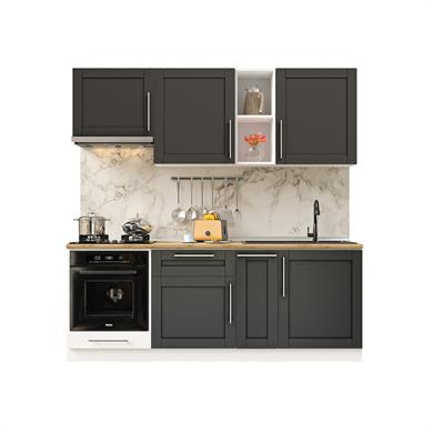 Dekorex Pia Antrasit Serisi 210 Cm Antrasit Aspiratör Ve Fırın Modüllü Meşe Tezgahlı Hazır Mutfak PA-210asp-mt