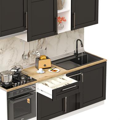 Dekorex Pia Antrasit Serisi 210 Cm Antrasit Aspiratör Ve Fırın Modüllü Meşe Tezgahlı Hazır Mutfak PA-210asp-mt