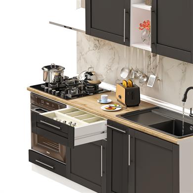 Dekorex Pia Antrasit Serisi 210 Cm Antrasit Fırın Modüllü Meşe Tezgahlı Hazır Mutfak PA-210dav-mt