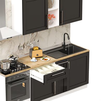 Dekorex Pia Antrasit Serisi 210 Cm Antrasit Fırın Modüllü Meşe Tezgahlı Hazır Mutfak PA-210dav-mt