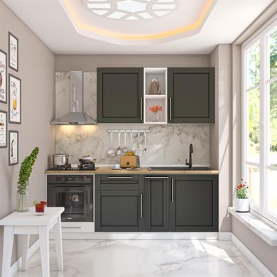 Dekorex Pia Antrasit Serisi 210 Cm Antrasit Fırın Modüllü Meşe Tezgahlı Hazır Mutfak PA-210dav-mt