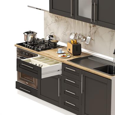 Dekorex Pia Antrasit Serisi 210 Cm Antrasit Aspiratör Ve Fırın Modüllü Meşe Tezgahlı Hazır Mutfak PA-210asp-mt