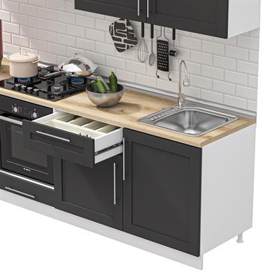 Dekorex Pia Antrasit Serisi 240 Cm Aspiratör Fırın Ve Çekmece Modüllü Meşe Tezgahlı Hazır Mutfak PA-240asp-c-mt