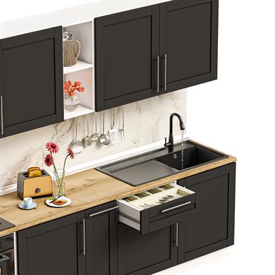 Dekorex Pia Antrasit Serisi 270 Cm Antrasit Aspiratör Ve Fırın Modüllü Meşe Tezgahlı Hazır Mutfak PA-270asp-mt