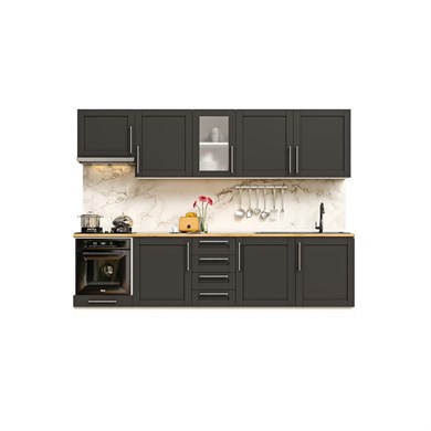 Dekorex Pia Antrasit Serisi 285 Cm Antrasit Aspiratör Ve Fırın Modüllü Meşe Tezgahlı Hazır Mutfak PA-285asp-mt