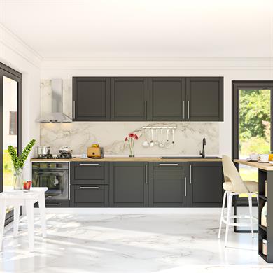 Dekorex Pia Antrasit Serisi 300 Cm Antrasit Fırın Ve Çekmece Modüllü Meşe Tezgahlı Hazır Mutfak PA-300dav-c-mt