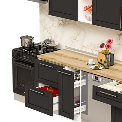 Dekorex Pia Antrasit Serisi 330 Cm Aspiratör Ve Çekmece Modüllü Meşe Tezgahlı Hazır Mutfak PA-330asp-bc-mt