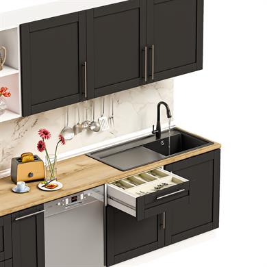 Dekorex Pia Antrasit Serisi 330 Cm Aspiratör Ve Çekmece Modüllü Meşe Tezgahlı Hazır Mutfak PA-330asp-bc-mt