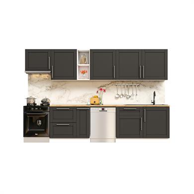 Dekorex Pia Antrasit Serisi 330 Cm Aspiratör Ve Çekmece Modüllü Meşe Tezgahlı Hazır Mutfak PA-330asp-bc-mt