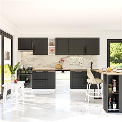 Dekorex Pia Antrasit Serisi 330 Cm Aspiratör Ve Çekmece Modüllü Meşe Tezgahlı Hazır Mutfak PA-330asp-bc-mt