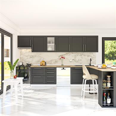 Dekorex Pia Antrasit Serisi 345 Cm Aspiratör Ve Çekmece Modüllü Meşe Tezgahlı Hazır Mutfak PA-345asp-bc-mt