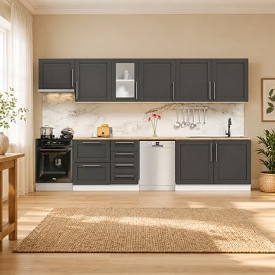 Dekorex Pia Antrasit Serisi 345 Cm Aspiratör Ve Çekmece Modüllü Meşe Tezgahlı Hazır Mutfak PA-345asp-bc-mt