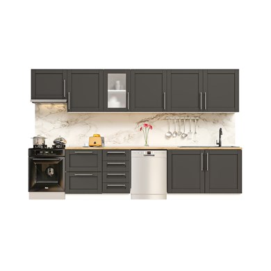 Dekorex Pia Antrasit Serisi 345 Cm Aspiratör Ve Çekmece Modüllü Meşe Tezgahlı Hazır Mutfak PA-345asp-bc-mt