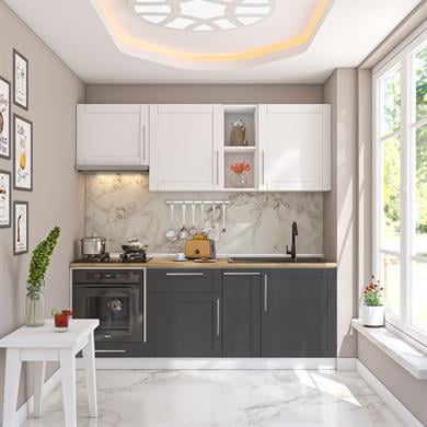 Dekorex Pia Beyaz Antrasit 210 Cm Aspiratör Ve Fırın Modüllü Meşe Tezgahlı Hazır Mutfak PBA-210asp-mt