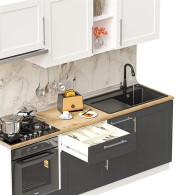 Dekorex Pia Beyaz Antrasit 210 Cm Aspiratör Ve Fırın Modüllü Meşe Tezgahlı Hazır Mutfak PBA-210asp-mt