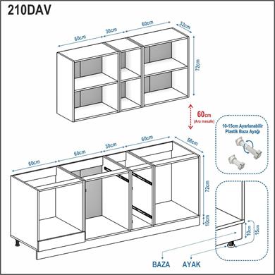 Dekorex Pia Beyaz Antrasit 210 Cm Fırın Modüllü Meşe Tezgahlı Hazır Mutfak PBA-210dav-mt