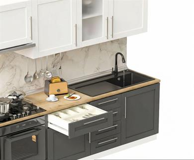 Dekorex Pia Beyaz Antrasit 225 Cm Aspiratör Ve Fırın Modüllü Meşe Tezgahlı Hazır Mutfak PBA-225asp-mt
