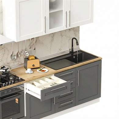 Dekorex Pia Beyaz Antrasit 225 Cm Fırın Modüllü Meşe Tezgahlı Hazır Mutfak PBA-225dav-mt