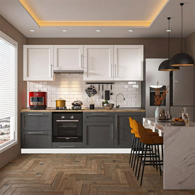 Dekorex Pia Beyaz Antrasit 240 Cm Aspiratör Fırın Ve Çekmece Modüllü Meşe Tezgahlı Hazır Mutfak Pba-240asp-c-mt