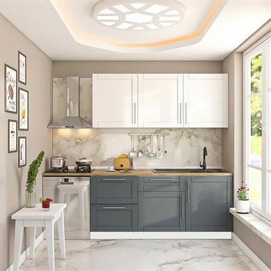 Dekorex Pia Beyaz Antrasit 240 Cm Çekmece Modüllü Meşe Tezgahlı Hazır Mutfak PBA-240dav-bc-mt