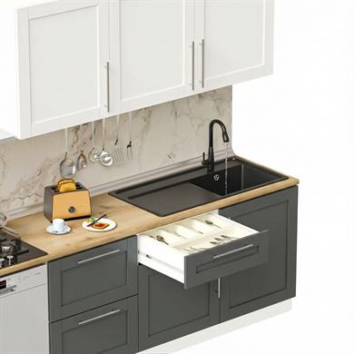 Dekorex Pia Beyaz Antrasit 240 Cm Çekmece Modüllü Meşe Tezgahlı Hazır Mutfak PBA-240dav-bc-mt