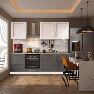 Dekorex Pia Beyaz Antrasit 240 Cm Fırın Ve Çekmece Modüllü Meşe Tezgahlı Hazır Mutfak Pba-240dav-c-mt