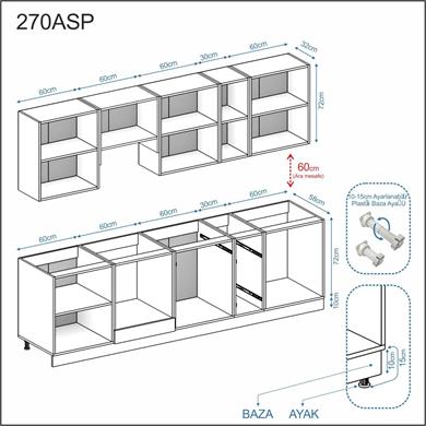 Dekorex Pia Beyaz Antrasit 270 Cm Aspiratör Ve Fırın Modüllü Meşe Tezgahlı Hazır Mutfak PBA-270asp-mt