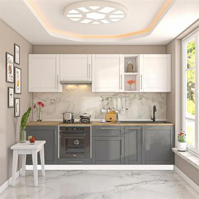 Dekorex Pia Beyaz Antrasit 270 Cm Aspiratör Ve Fırın Modüllü Meşe Tezgahlı Hazır Mutfak PBA-270asp-mt