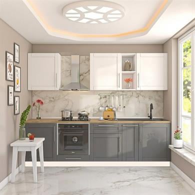 Dekorex Pia Beyaz Antrasit 270 Cm Fırın Modüllü Meşe Tezgahlı Hazır Mutfak PBA-270dav-mt