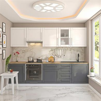 Dekorex Pia Beyaz Antrasit 285 Cm Aspiratör Ve Fırın Modüllü Meşe Tezgahlı Hazır Mutfak PB-285asp-mt