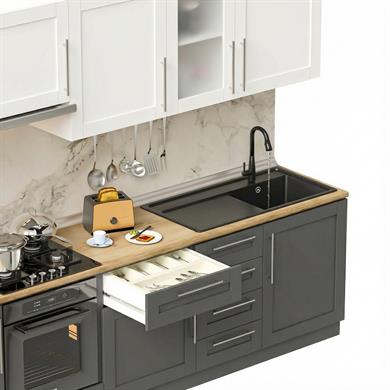 Dekorex Pia Beyaz Antrasit 285 Cm Aspiratör Ve Fırın Modüllü Meşe Tezgahlı Hazır Mutfak PB-285asp-mt
