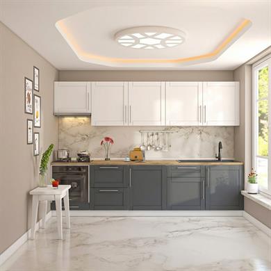 Dekorex Pia Beyaz Antrasit 300 Cm Aspiratör Fırın Ve Çekmece Modüllü Meşe Tezgahlı Hazır Mutfak PBA-300asp-c-mt