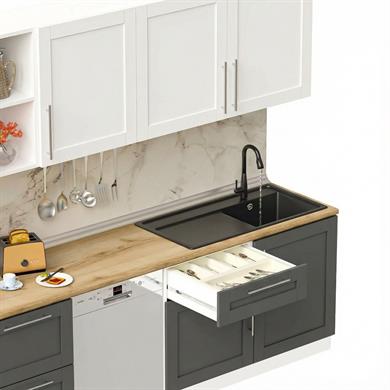 Dekorex Pia Beyaz Antrasit 330 Cm Aspiratör Ve Çekmece Modüllü Meşe Tezgahlı Hazır Mutfak Pba-330asp-bc-mt