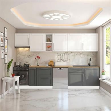 Dekorex Pia Beyaz Antrasit 330 Cm Aspiratör Ve Çekmece Modüllü Meşe Tezgahlı Hazır Mutfak Pba-330asp-bc-mt