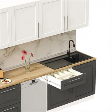Dekorex Pia Beyaz Antrasit 345 Cm Aspiratör Ve Çekmece Modüllü Meşe Tezgahlı Hazır Mutfak Pba-345asp-bc-mt