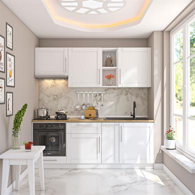 Dekorex Pia Beyaz Serisi 210 Cm Beyaz Aspiratör Ve Fırın Modüllü Meşe Tezgahlı Hazır Mutfak PB-210asp-mt