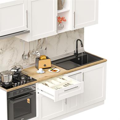 Dekorex Pia Beyaz Serisi 210 Cm Beyaz Aspiratör Ve Fırın Modüllü Meşe Tezgahlı Hazır Mutfak PB-210asp-mt
