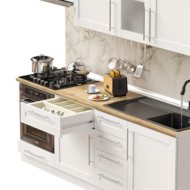 Dekorex Pia Beyaz Serisi 225 Cm Beyaz Aspiratör Ve Fırın Modüllü Meşe Tezgahlı Hazır Mutfak PB-225asp-mt
