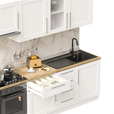 Dekorex Pia Beyaz Serisi 225 Cm Beyaz Aspiratör Ve Fırın Modüllü Meşe Tezgahlı Hazır Mutfak PB-225asp-mt