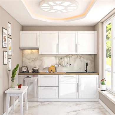 Dekorex Pia Beyaz Serisi 240 Cm Beyaz Aspiratör Ve Çekmece Modüllü Meşe Tezgahlı Hazır Mutfak PB-240asp-bc-mt