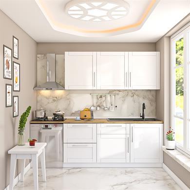 Dekorex Pia Beyaz Serisi 240 Cm Beyaz Çekmece Modüllü Meşe Tezgahlı Hazır Mutfak PB-240dav-bc-mt