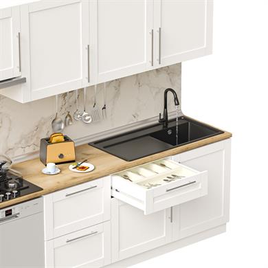 Dekorex Pia Beyaz Serisi 240 Cm Beyaz Aspiratör Ve Çekmece Modüllü Meşe Tezgahlı Hazır Mutfak PB-240asp-bc-mt