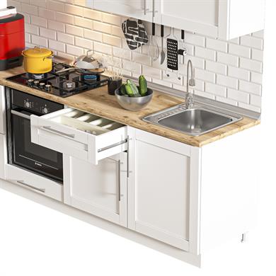 Dekorex Pia Beyaz Serisi 240 Cm Fırın Ve Çekmece Modüllü Meşe Tezgahlı Hazır Mutfak Pb-240dav-c-mt