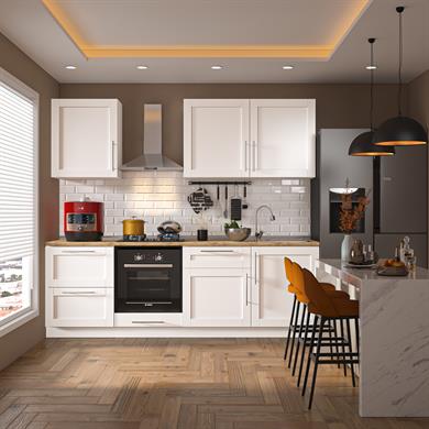 Dekorex Pia Beyaz Serisi 240 Cm Fırın Ve Çekmece Modüllü Meşe Tezgahlı Hazır Mutfak Pb-240dav-c-mt