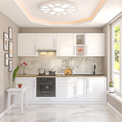 Dekorex Pia Beyaz Serisi 270 Cm Beyaz Aspiratör Ve Fırın Modüllü Meşe Tezgahlı Hazır Mutfak PB-270asp-mt