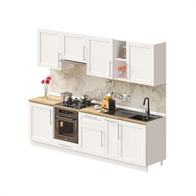 Dekorex Pia Beyaz Serisi 270 Cm Beyaz Aspiratör Ve Fırın Modüllü Meşe Tezgahlı Hazır Mutfak PB-270asp-mt